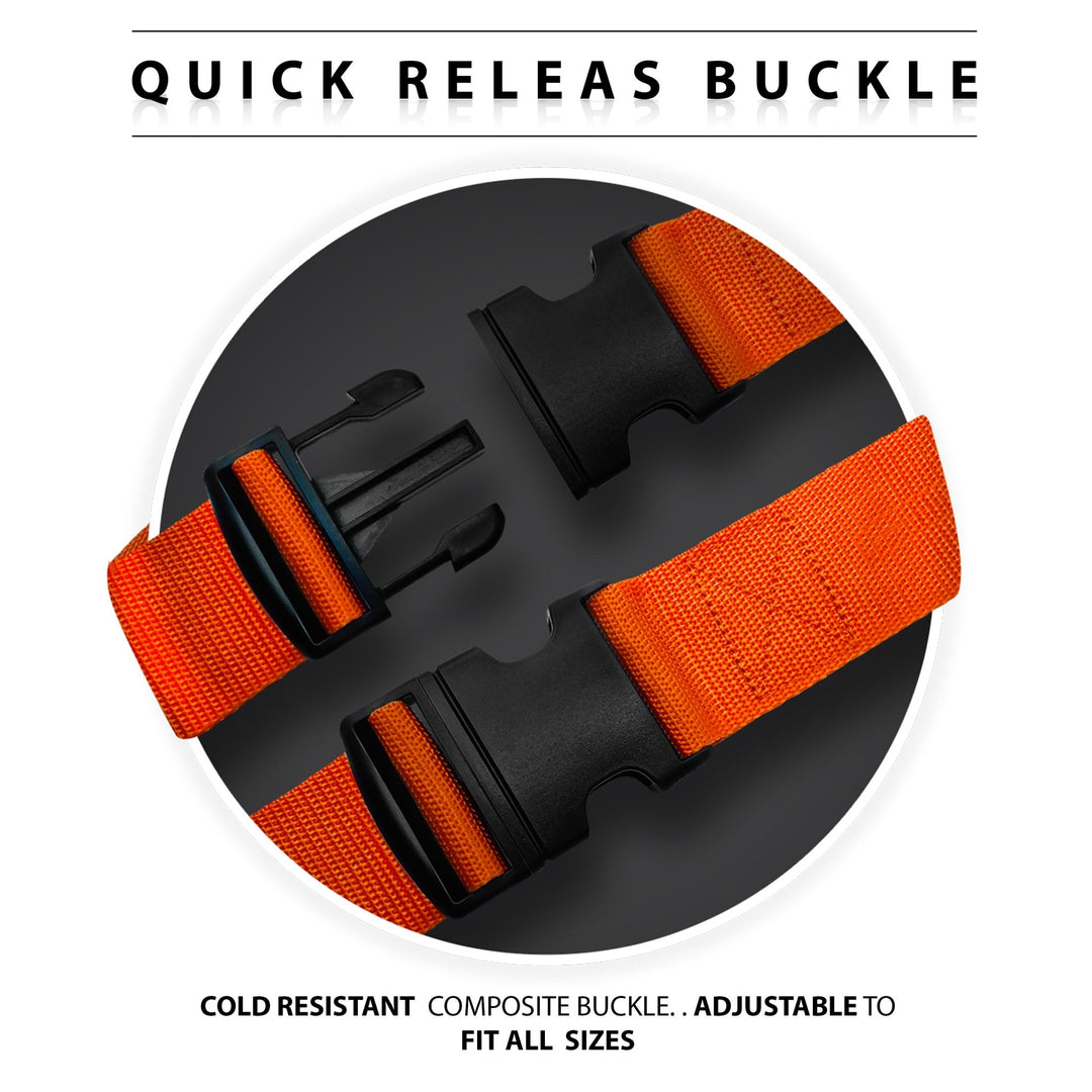 Macro view of the black quick-release composite buckles on the straps, highlighting their adjustable and cold-resistant design.