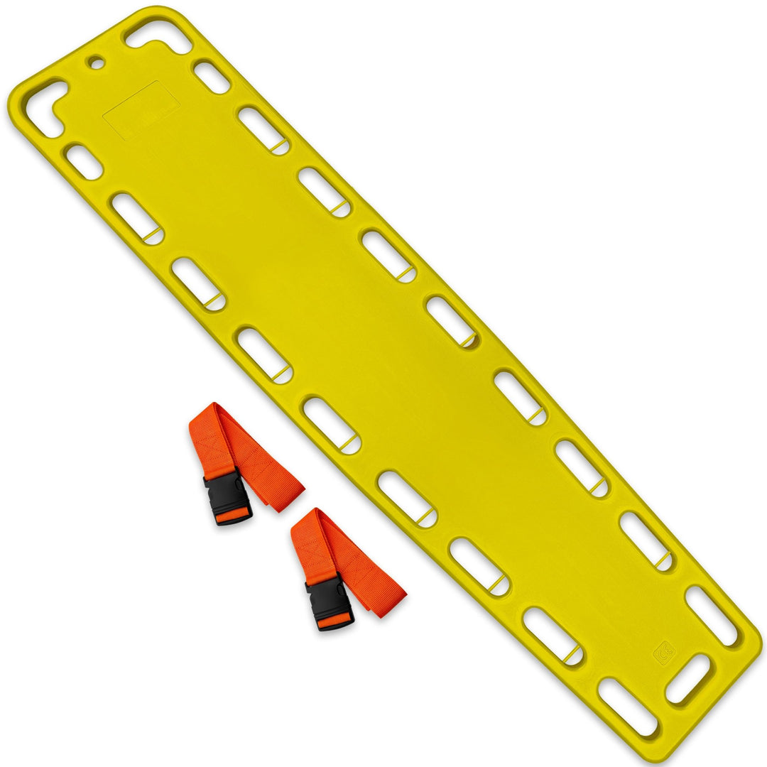 Top-down view of a yellow emergency spine board displayed diagonally alongside two orange nylon straps with black buckles.