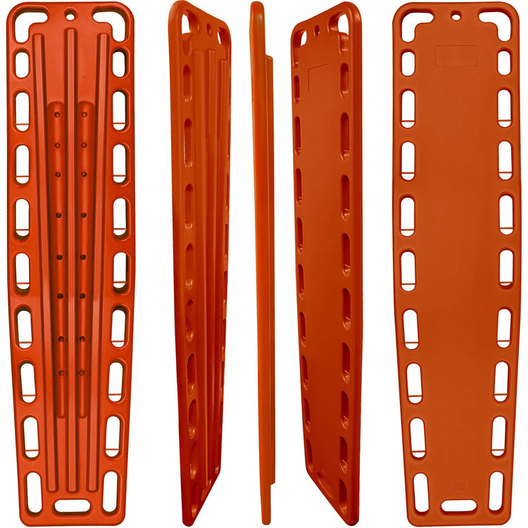 Three angles of the orange backboard showing the textured front surface, slim side profile, and reinforced back runners for stability.