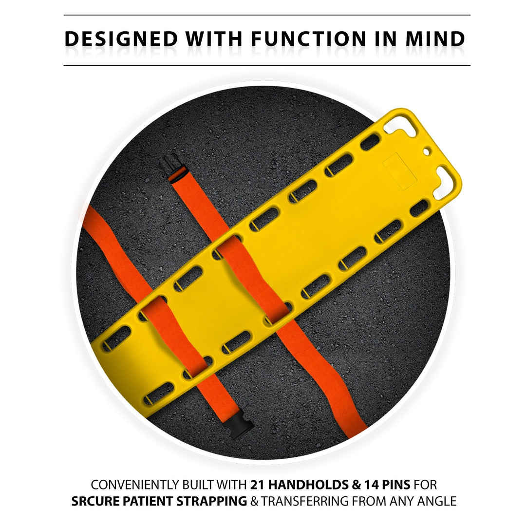 Close-up detail showing how the orange straps thread through the board's 14 pins and 21 handholds for secure patient immobilization.