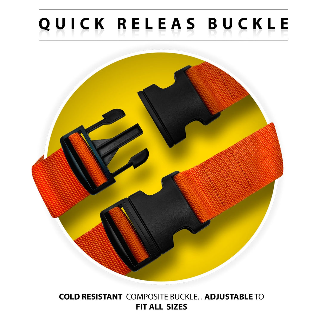 Macro view of the black quick-release composite buckles on the straps, highlighting their adjustable and cold-resistant design.