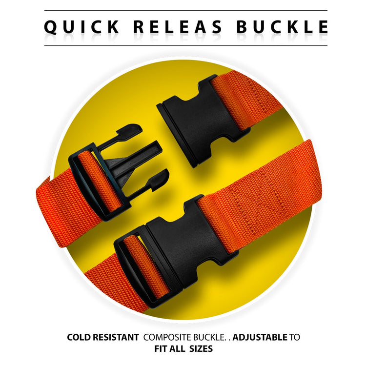 Macro view of the black quick-release composite buckles on the straps, highlighting their adjustable and cold-resistant design.