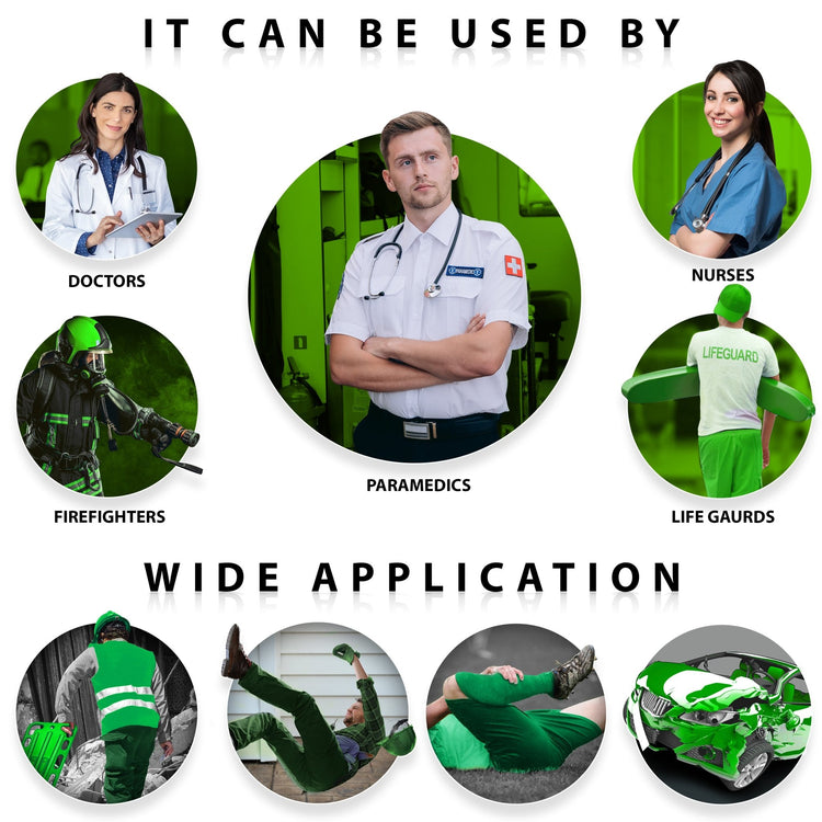 Infographic titled 'It Can Be Used By' displaying target users including doctors, paramedics, nurses, firefighters, and lifeguards in various rescue scenarios.