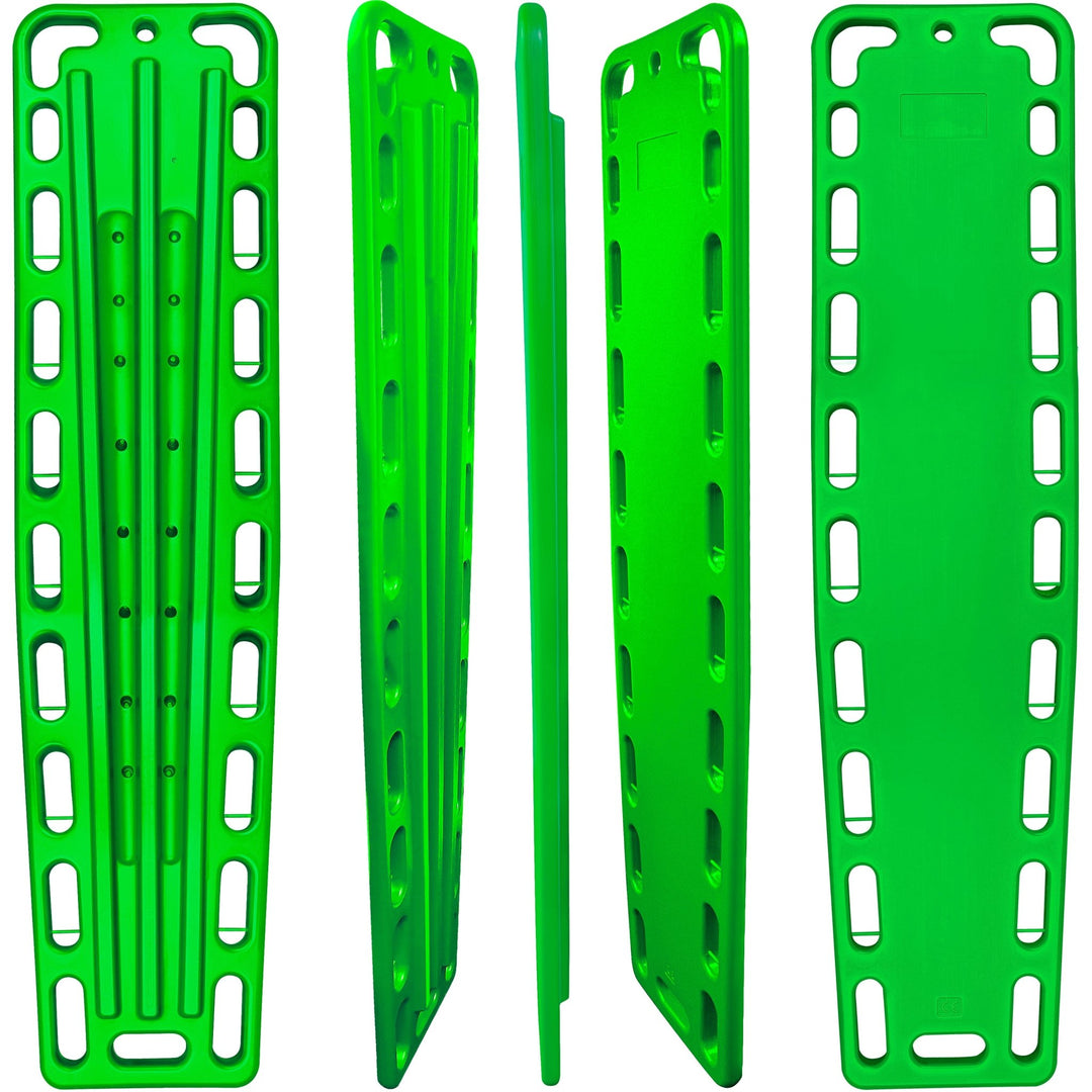 Three angles of the green backboard showing the textured front surface, slim side profile, and reinforced back runners for stability.