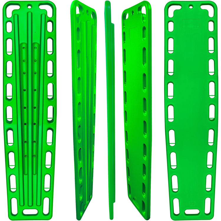 Three angles of the green backboard showing the textured front surface, slim side profile, and reinforced back runners for stability.