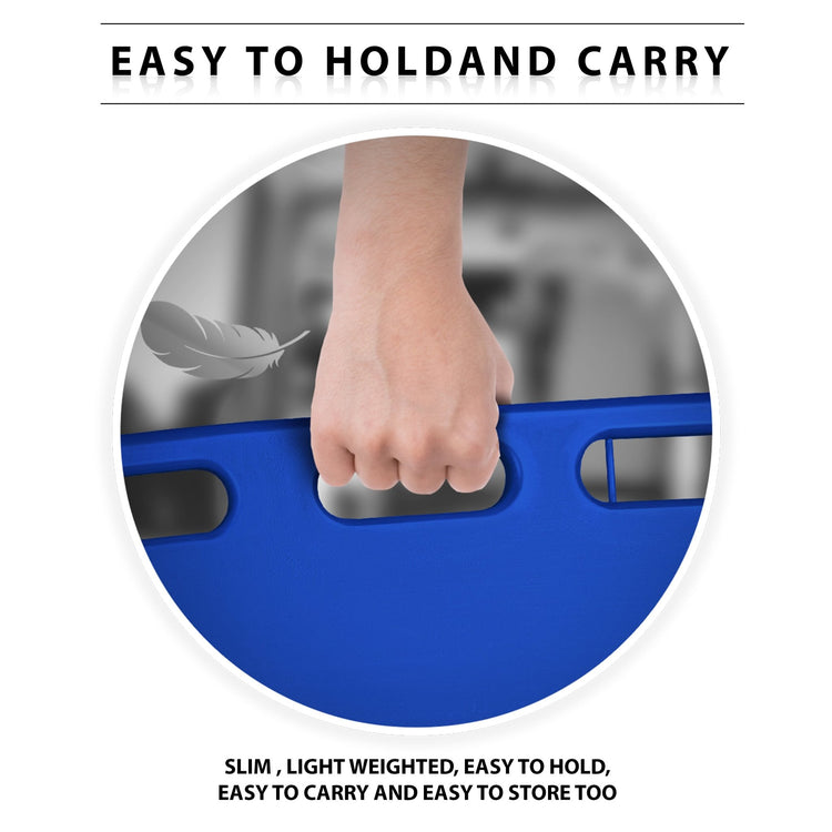 Close-up of a hand gripping the board's handle with a feather icon, illustrating that the device is lightweight and easy to carry.