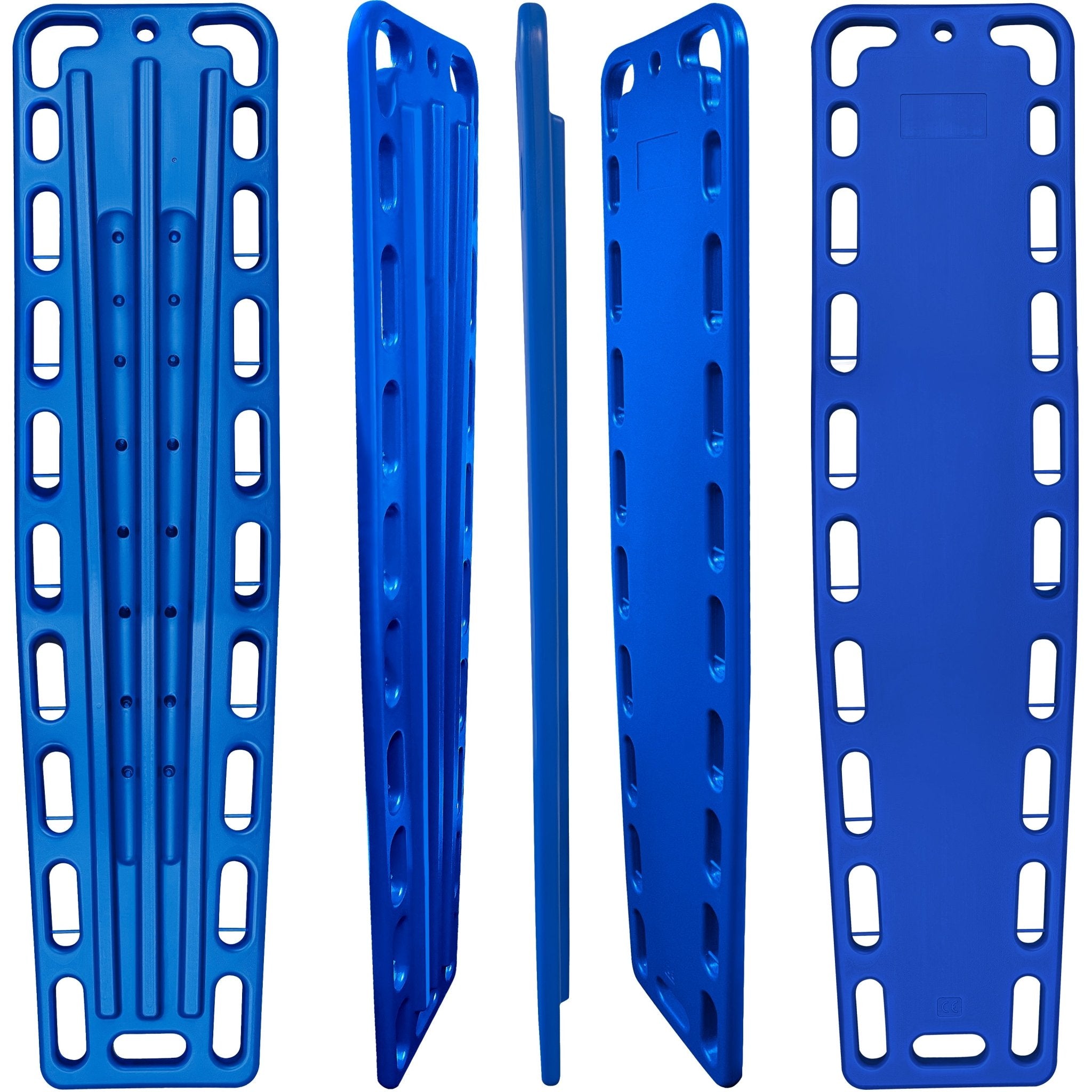 Three angles of the blue backboard showing the textured front surface, slim side profile, and reinforced back runners for stability.
