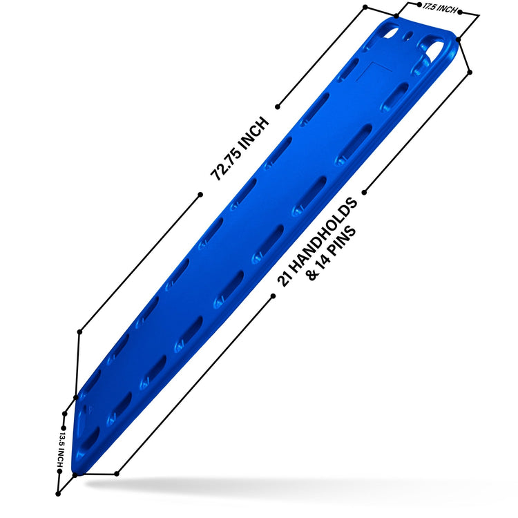 Dimension diagram of the spine board indicating a length of 72.75 inches and width of 17.5 inches, highlighting 21 handholds and 14 pins.