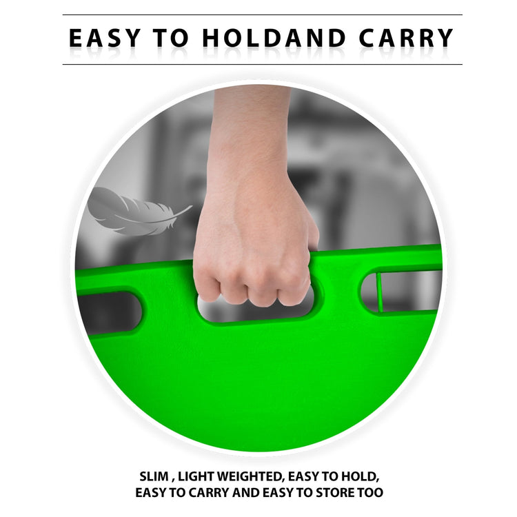 Close-up of a hand gripping the board's handle with a feather icon, illustrating that the device is lightweight and easy to carry.