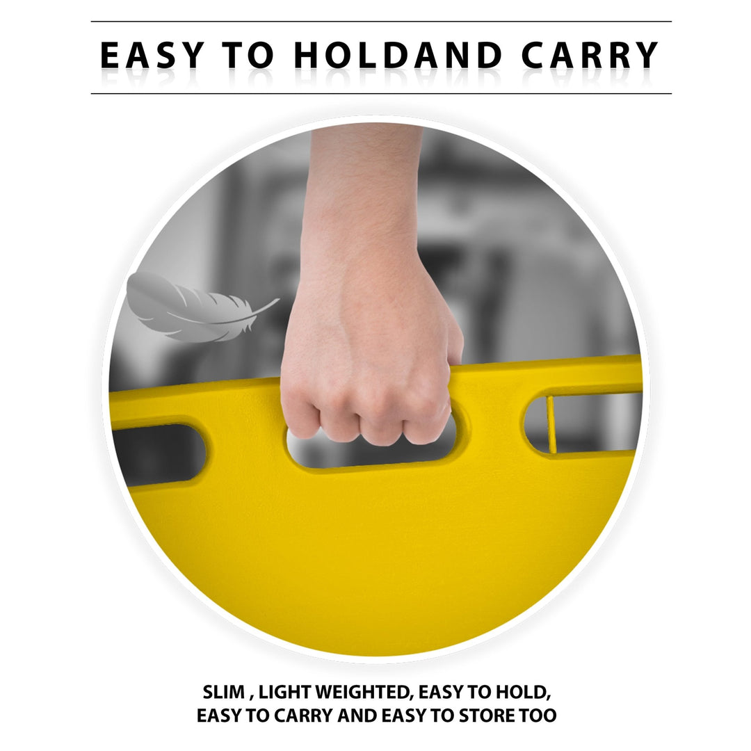 Close-up of a hand gripping the board's handle with a feather icon, illustrating that the device is lightweight and easy to carry.