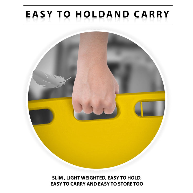 Close-up of a hand gripping the board's handle with a feather icon, illustrating that the device is lightweight and easy to carry.