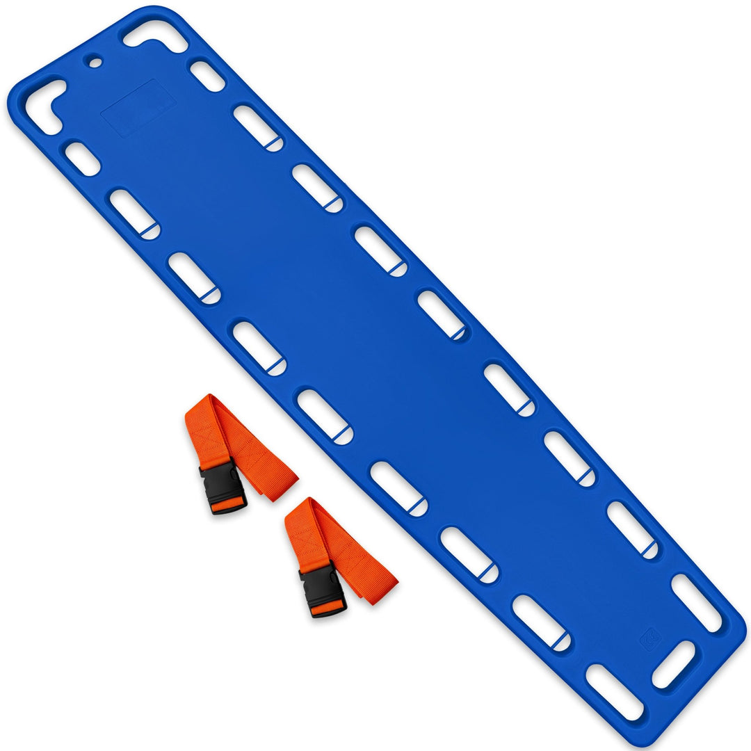 Top-down view of a blue emergency spine board displayed diagonally alongside two  orange nylon straps with black buckles.