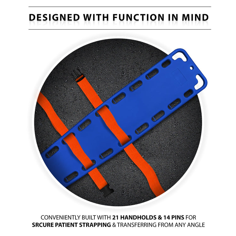 Close-up detail showing how the orange straps thread through the board's 14 pins and 21 handholds for secure patient immobilization.