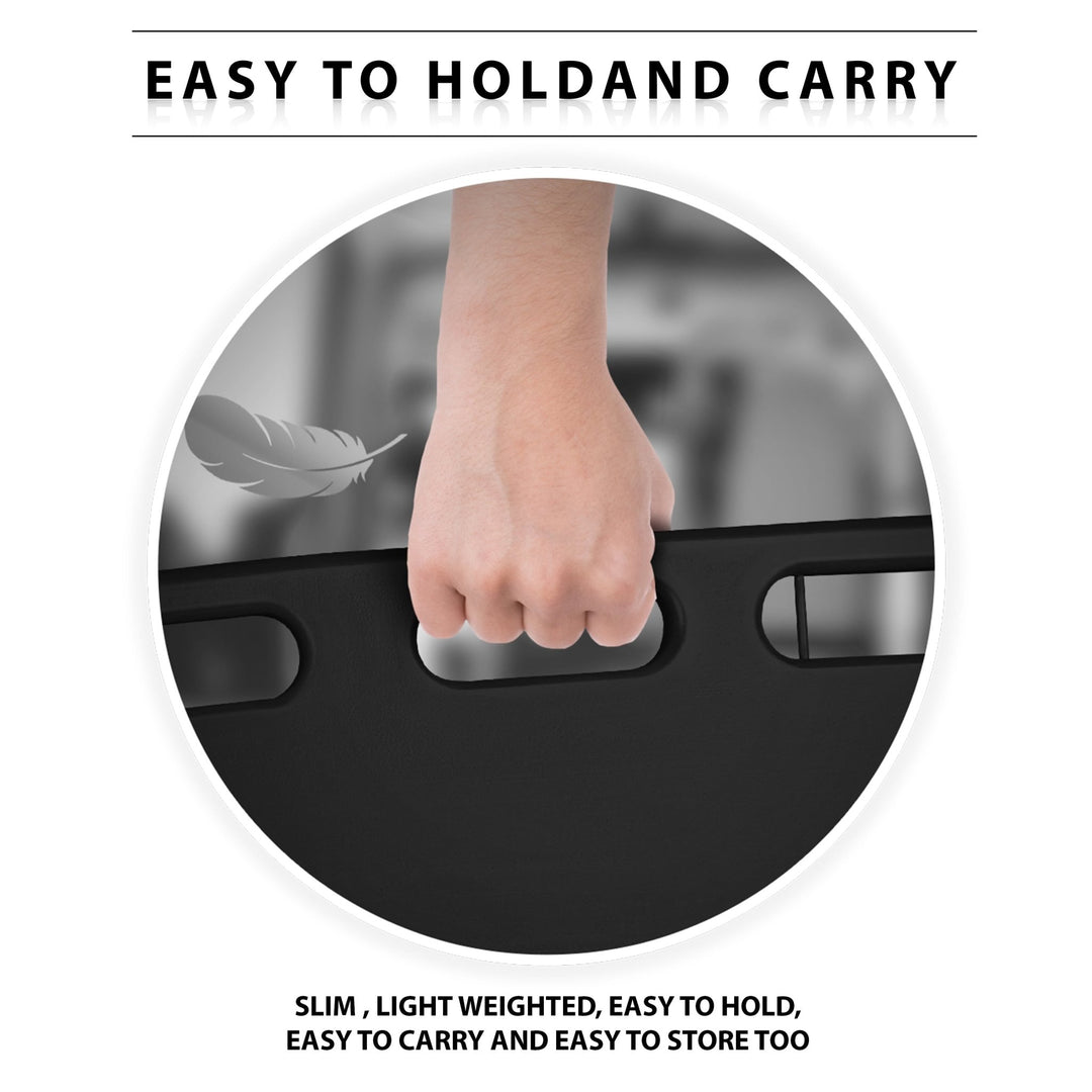 Close-up of a hand gripping the board's handle with a feather icon, illustrating that the device is lightweight and easy to carry.