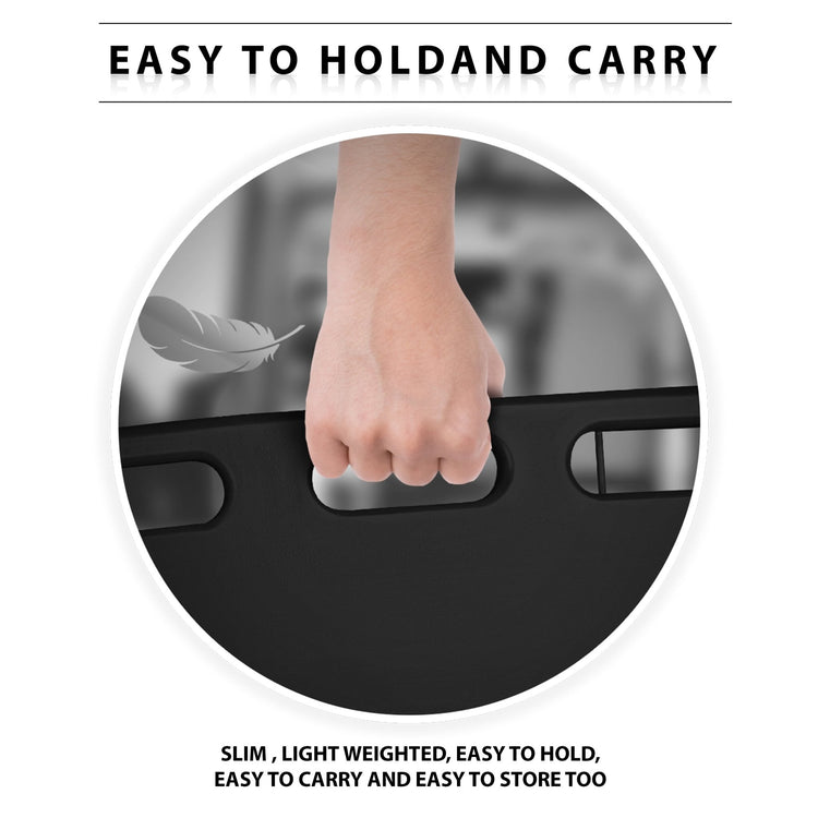 Close-up of a hand gripping the board's handle with a feather icon, illustrating that the device is lightweight and easy to carry.