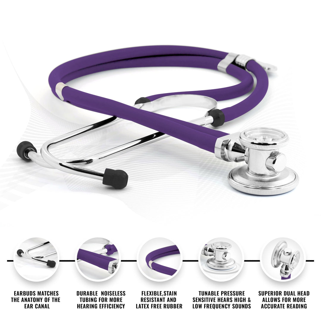 A detailed product diagram of the purple stethoscope with five circular insets highlighting its features. The insets describe the "Earbuds matches the anatomy of the ear canal," "Durable noiseless tubing," "Flexible, stain resistant and latex free rubber," "Tunable pressure sensitive," and "Superior dual head allows for more accurate reading."