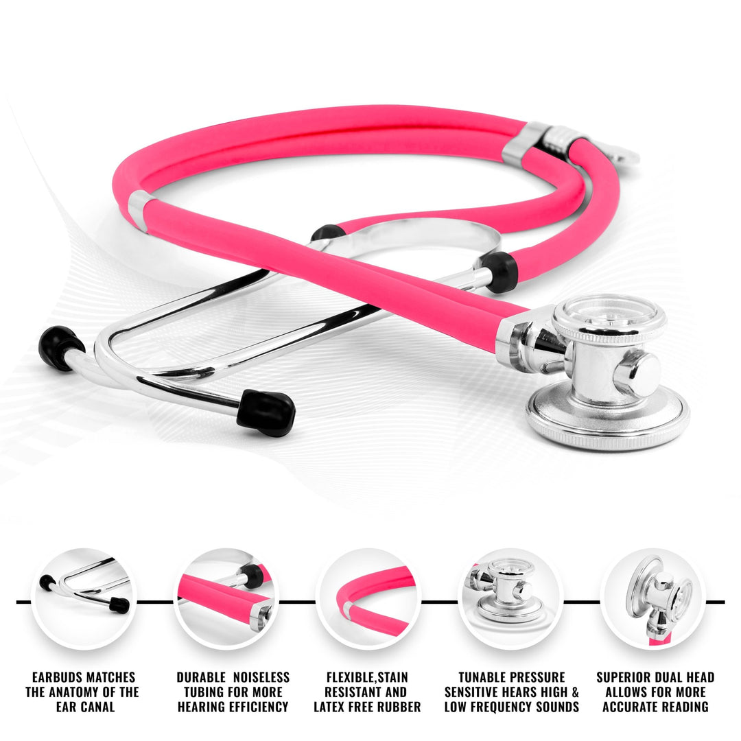 A detailed product diagram of the pink stethoscope with five circular insets highlighting its features. The insets describe the "Earbuds matches the anatomy of the ear canal," "Durable noiseless tubing," "Flexible, stain resistant and latex free rubber," "Tunable pressure sensitive," and "Superior dual head allows for more accurate reading."