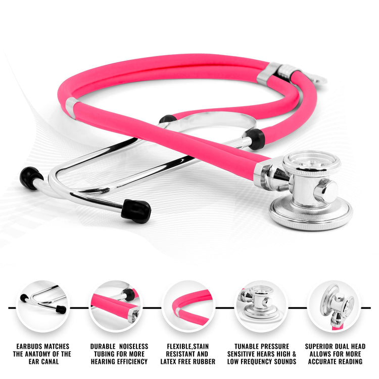 A detailed product diagram of the pink stethoscope with five circular insets highlighting its features. The insets describe the "Earbuds matches the anatomy of the ear canal," "Durable noiseless tubing," "Flexible, stain resistant and latex free rubber," "Tunable pressure sensitive," and "Superior dual head allows for more accurate reading."