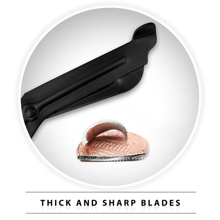 A product demonstration graphic titled "THICK AND SHARP BLADES." The image shows a close-up of the trauma shears' serrated metal blade cutting through a copper penny, visually proving the durability and sharpness of the tool.