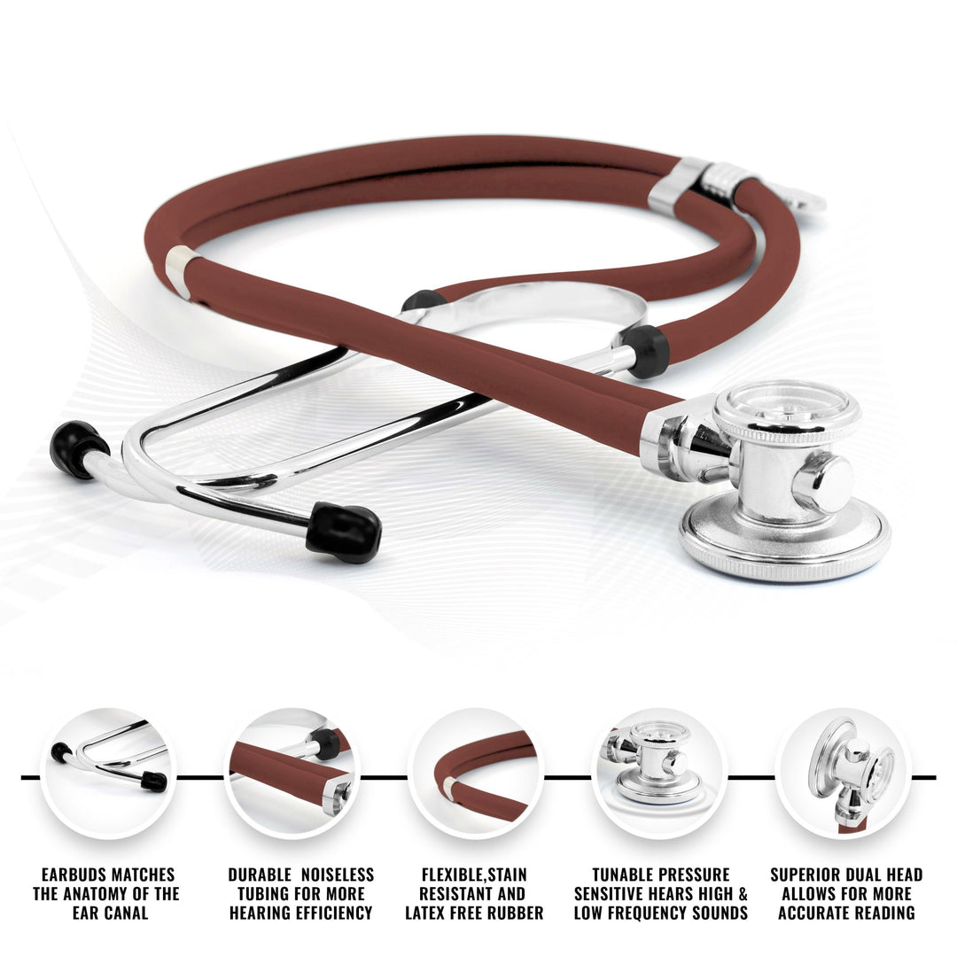 A detailed product diagram of the burgundy stethoscope with five circular insets highlighting its features. The insets describe the "Earbuds matches the anatomy of the ear canal," "Durable noiseless tubing," "Flexible, stain resistant and latex free rubber," "Tunable pressure sensitive," and "Superior dual head allows for more accurate reading."