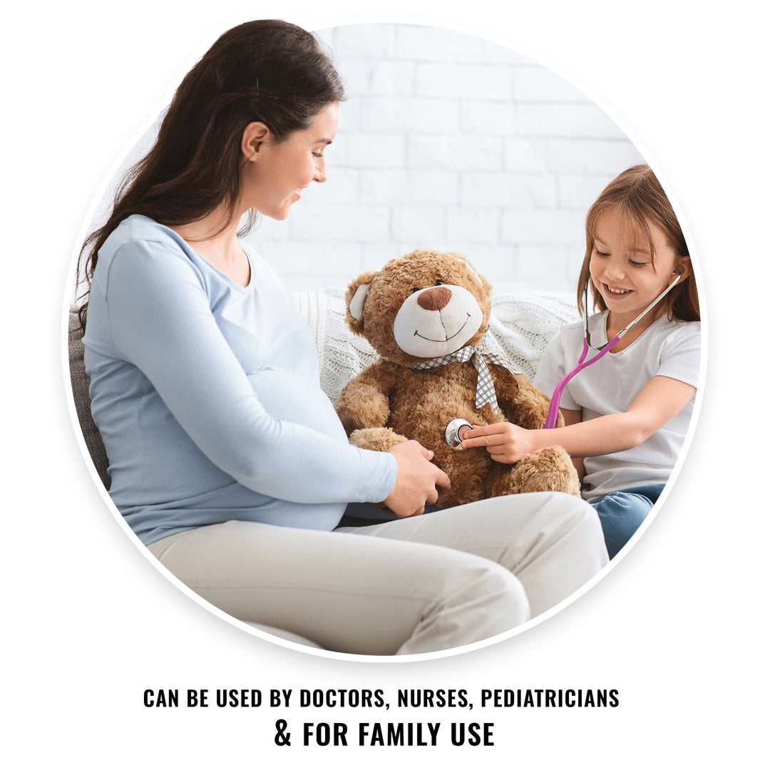 A lifestyle image showing a pregnant woman smiling while her young daughter uses the magenta stethoscope to listen to a teddy bear's heart. Text at the bottom reads, "CAN BE USED BY DOCTORS, NURSES, PEDIATRICIANS & FOR FAMILY USE."