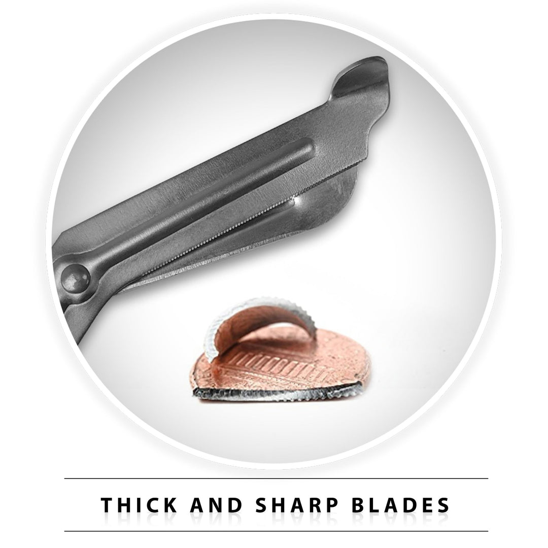 A product demonstration graphic titled "THICK AND SHARP BLADES." The image shows a close-up of the trauma shears' serrated metal blade cutting through a copper penny, visually proving the durability and sharpness of the tool.