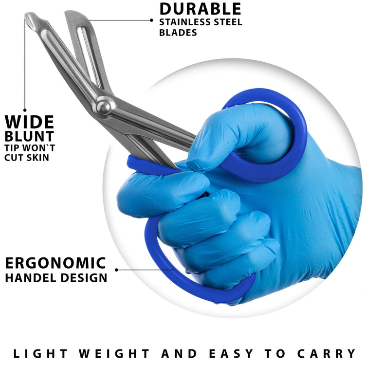 An infographic titled "LIGHTWEIGHT AND EASY TO CARRY" featuring a blue-gloved hand holding the blue trauma shears. Lines point to specific features, labeling them as "Durable Stainless Steel Blades," "Wide Blunt Tip Won't Cut Skin," and "Ergonomic Handle [sic] Design."
