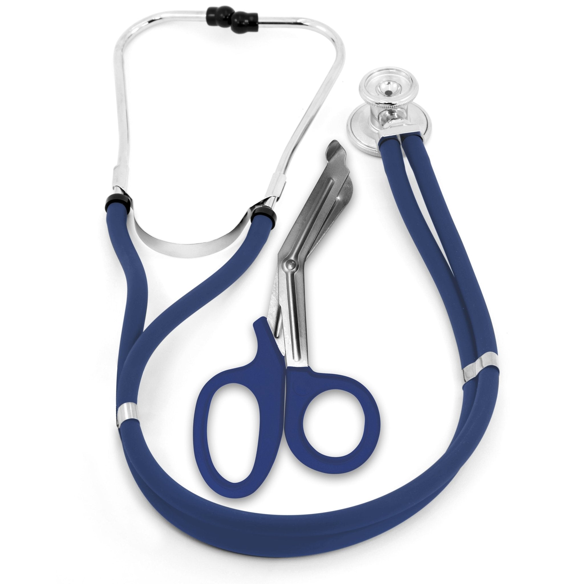 A top-down studio shot of a matching medical instrument set. A navy blue dual-head stethoscope is coiled neatly around a pair of navy blue-handled trauma shears against a plain white background.