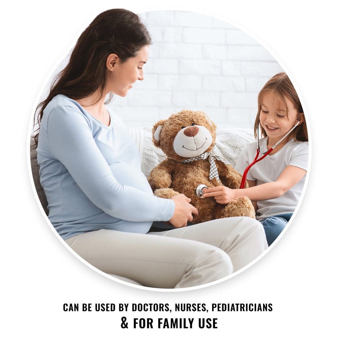 A lifestyle image showing a pregnant woman smiling while her young daughter uses the red stethoscope to listen to a teddy bear's heart. Text at the bottom reads, "CAN BE USED BY DOCTORS, NURSES, PEDIATRICIANS & FOR FAMILY USE."