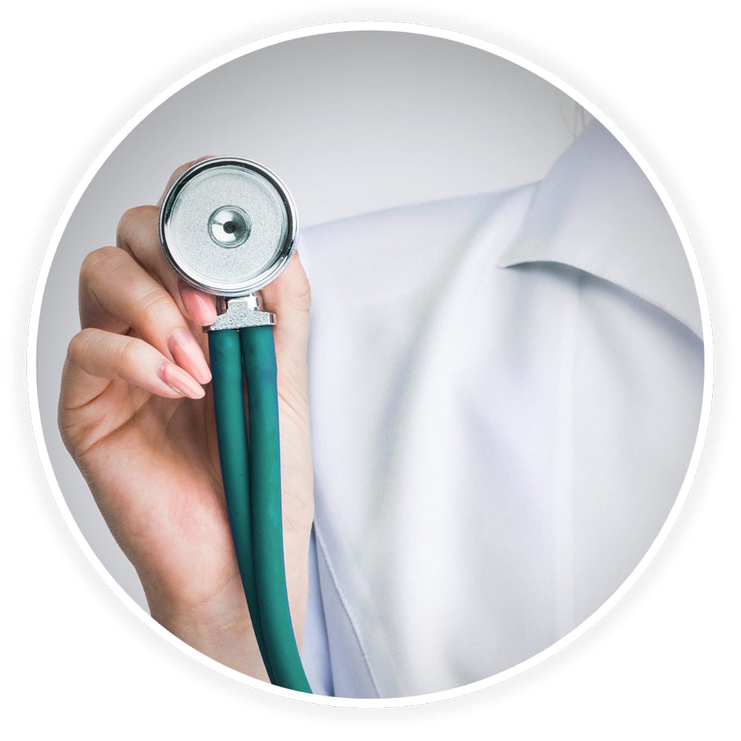 A close-up shot of a medical professional, likely a doctor or nurse wearing a white coat, holding the chest piece of a teal stethoscope. The focus is on the stainless steel dual-head bell and the hand gripping it, emphasizing the instrument's professional appearance.