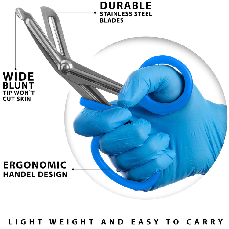 An infographic titled "LIGHTWEIGHT AND EASY TO CARRY" featuring a blue-gloved hand holding the sea breeze trauma shears. Lines point to specific features, labeling them as "Durable Stainless Steel Blades," "Wide Blunt Tip Won't Cut Skin," and "Ergonomic Handle [sic] Design."
