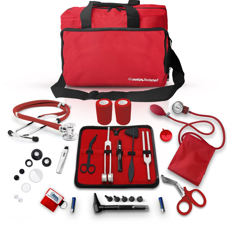 A complete red medical equipment kit laid out flat, featuring a large trauma bag surrounded by essential tools including a stethoscope, BP cuff, otoscope, tuning forks, and first aid supplies.