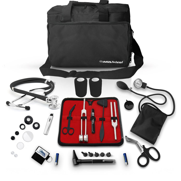 A complete black medical equipment kit laid out flat, featuring a large trauma bag surrounded by essential tools including a stethoscope, BP cuff, otoscope, tuning forks, and first aid supplies.