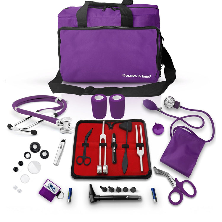 A complete purple medical equipment kit laid out flat, featuring a large trauma bag surrounded by essential tools including a stethoscope, BP cuff, otoscope, tuning forks, and first aid supplies.