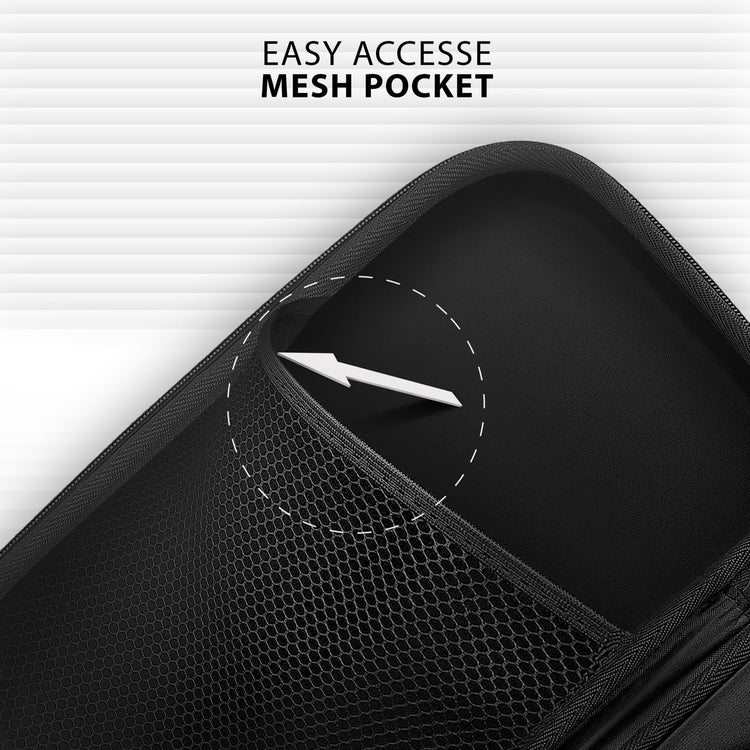 Close-up detail of the interior mesh pocket within the black stethoscope case, labeled 'Easy Access Mesh Pocket' for storing small accessories.