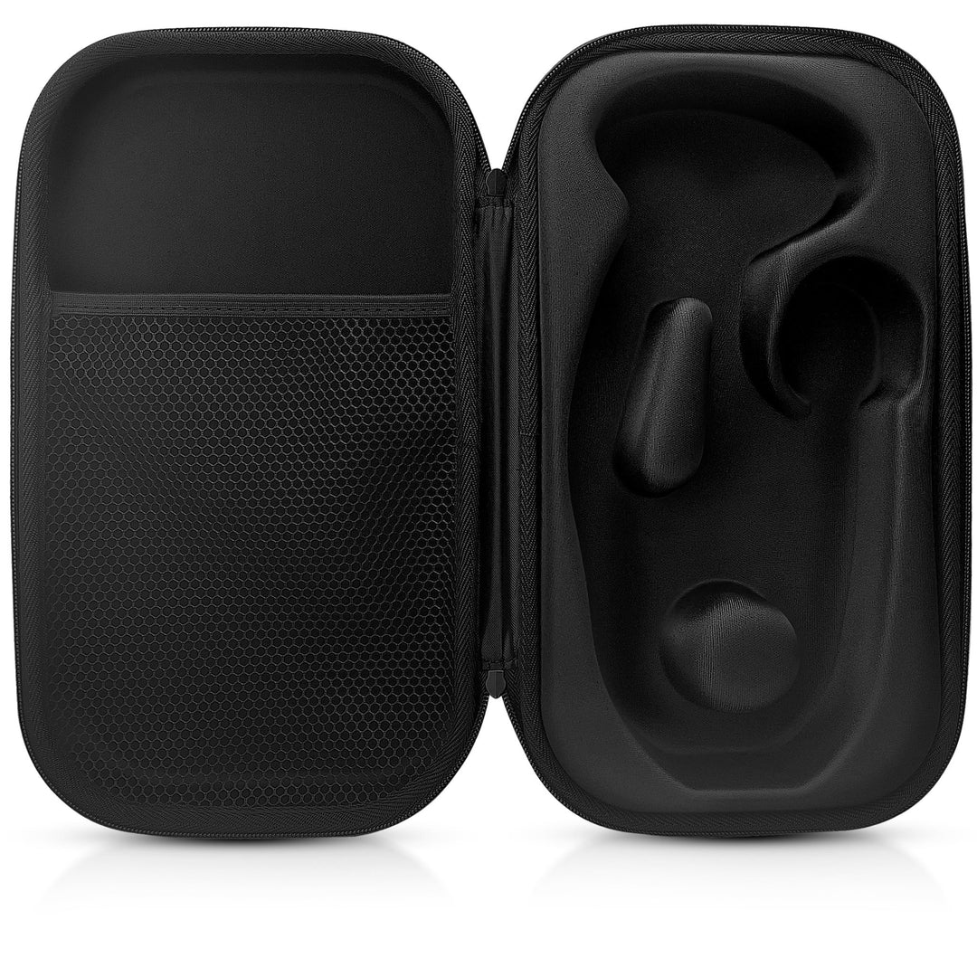 Full top-down view of the open empty black case, displaying the mesh storage pocket on the left and custom-molded stethoscope compartment on the right.