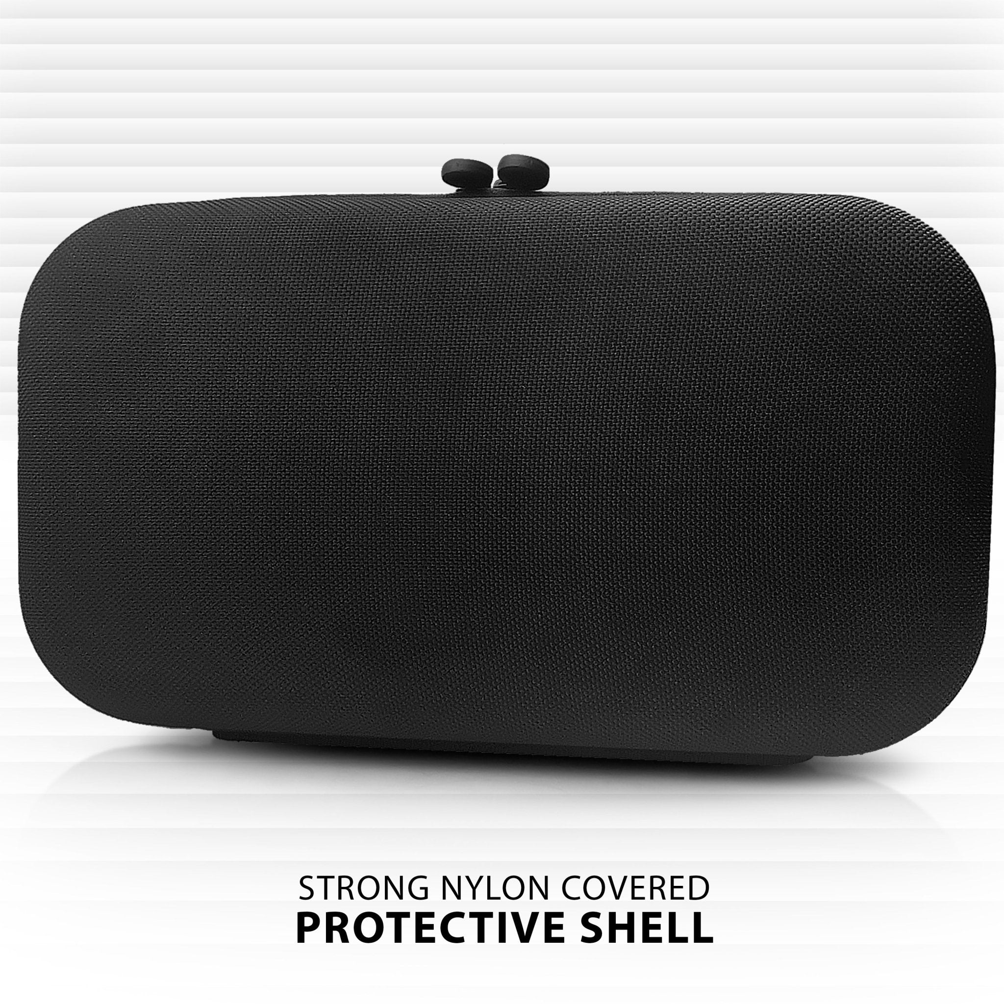 Angled front view of the black stethoscope case highlighting the 'Strong Nylon Covered Protective Shell' and rubberized ASA Techmed logo.