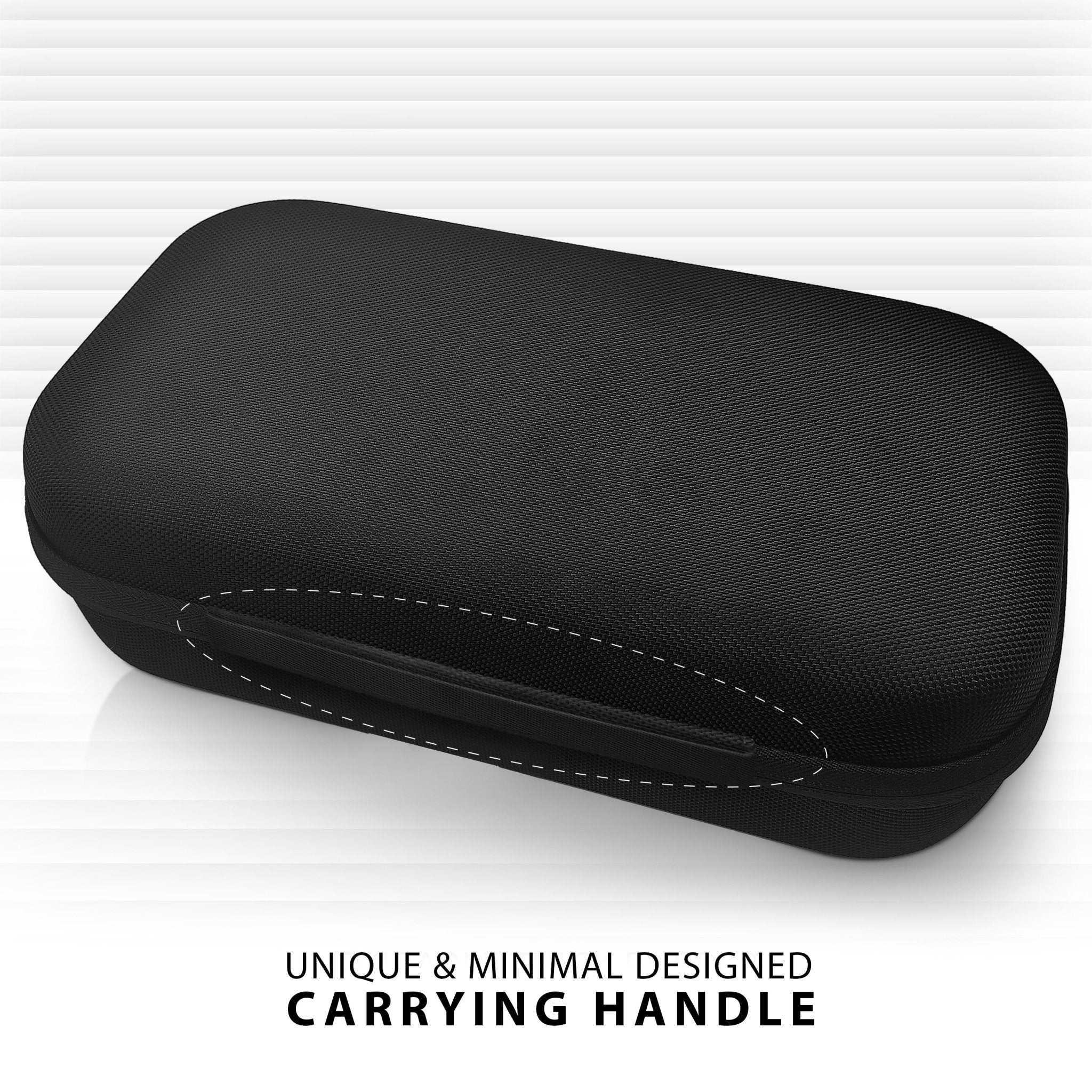 Side view of the closed black case highlighting the 'Unique & Minimal Designed Carrying Handle' integrated into the spine.