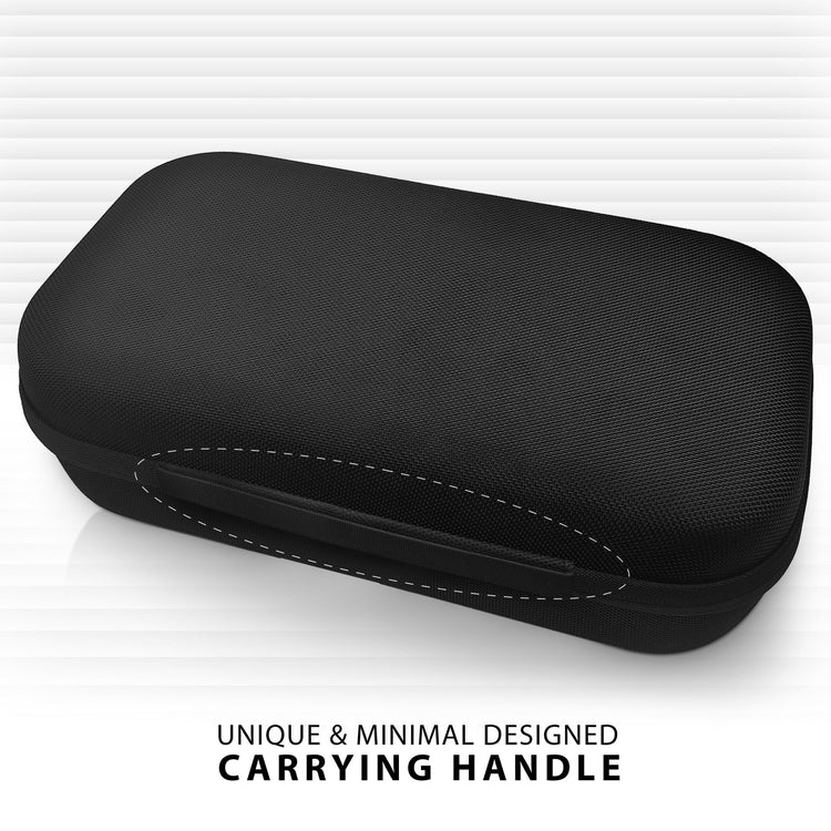 Side view of the closed black case highlighting the 'Unique & Minimal Designed Carrying Handle' integrated into the spine.