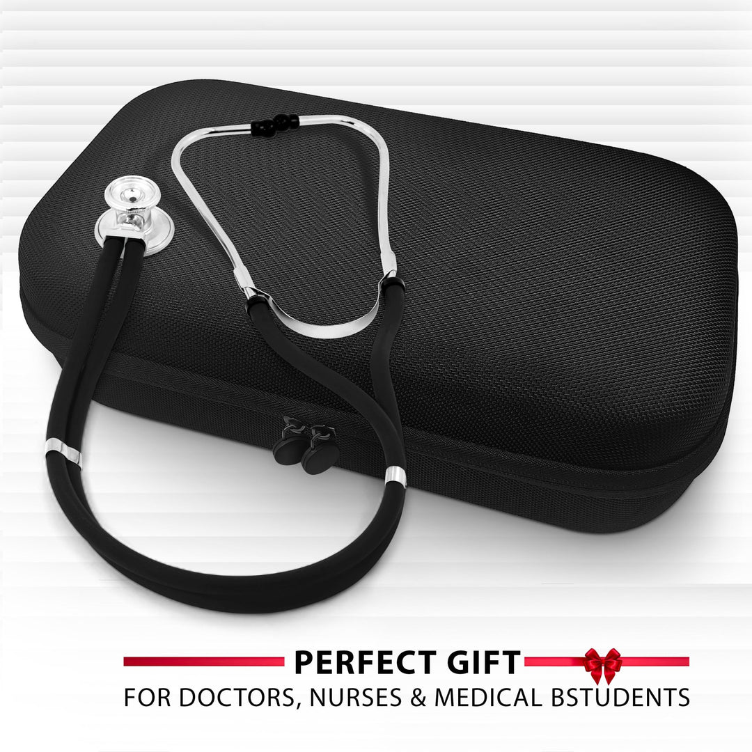 A black stethoscope case wrapped in a red ribbon displayed with a stethoscope, labeled 'Perfect Gift for Doctors, Nurses & Medical Students'.