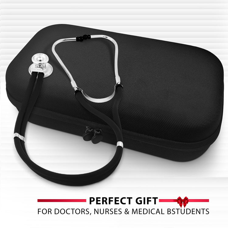 A black stethoscope case wrapped in a red ribbon displayed with a stethoscope, labeled 'Perfect Gift for Doctors, Nurses & Medical Students'.