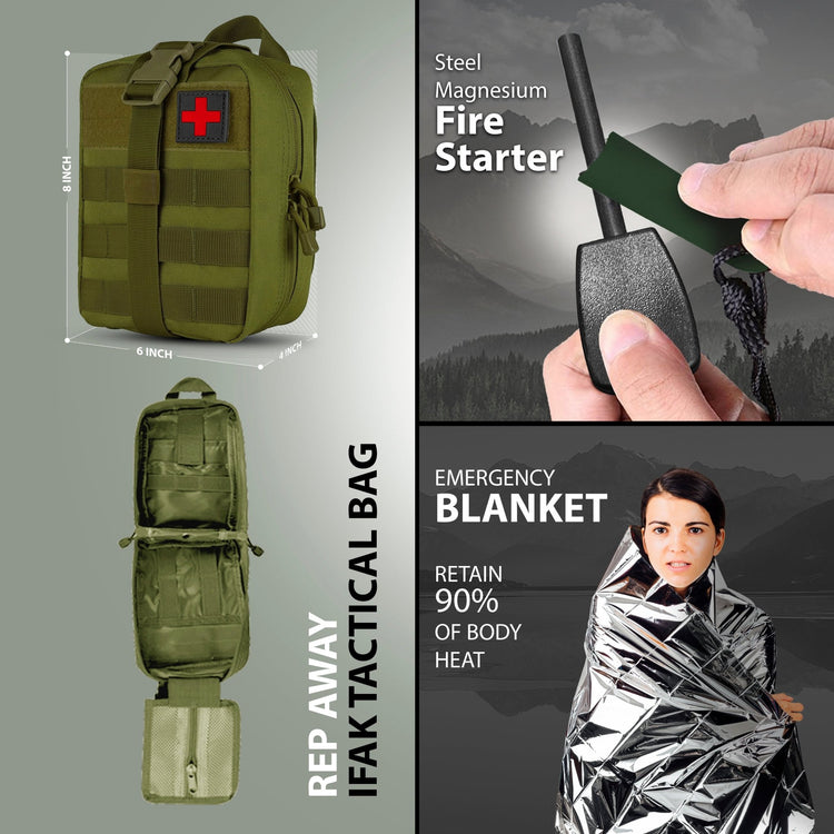 Product graphic showing the tactical pouch dimensions (8x6x4 inches) and interior organization, plus demonstrations of the fire starter and heat-retaining emergency mylar blanket.