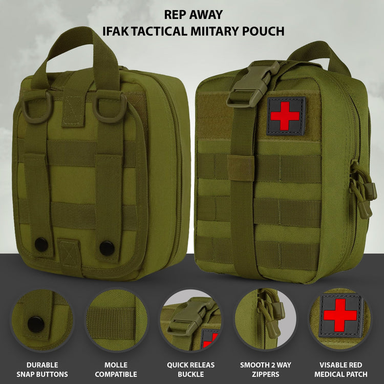 Front and back view of the green MOLLE tactical pouch, highlighting the quick-release buckle, removable red cross medical patch, and durable snap button straps for attachment.