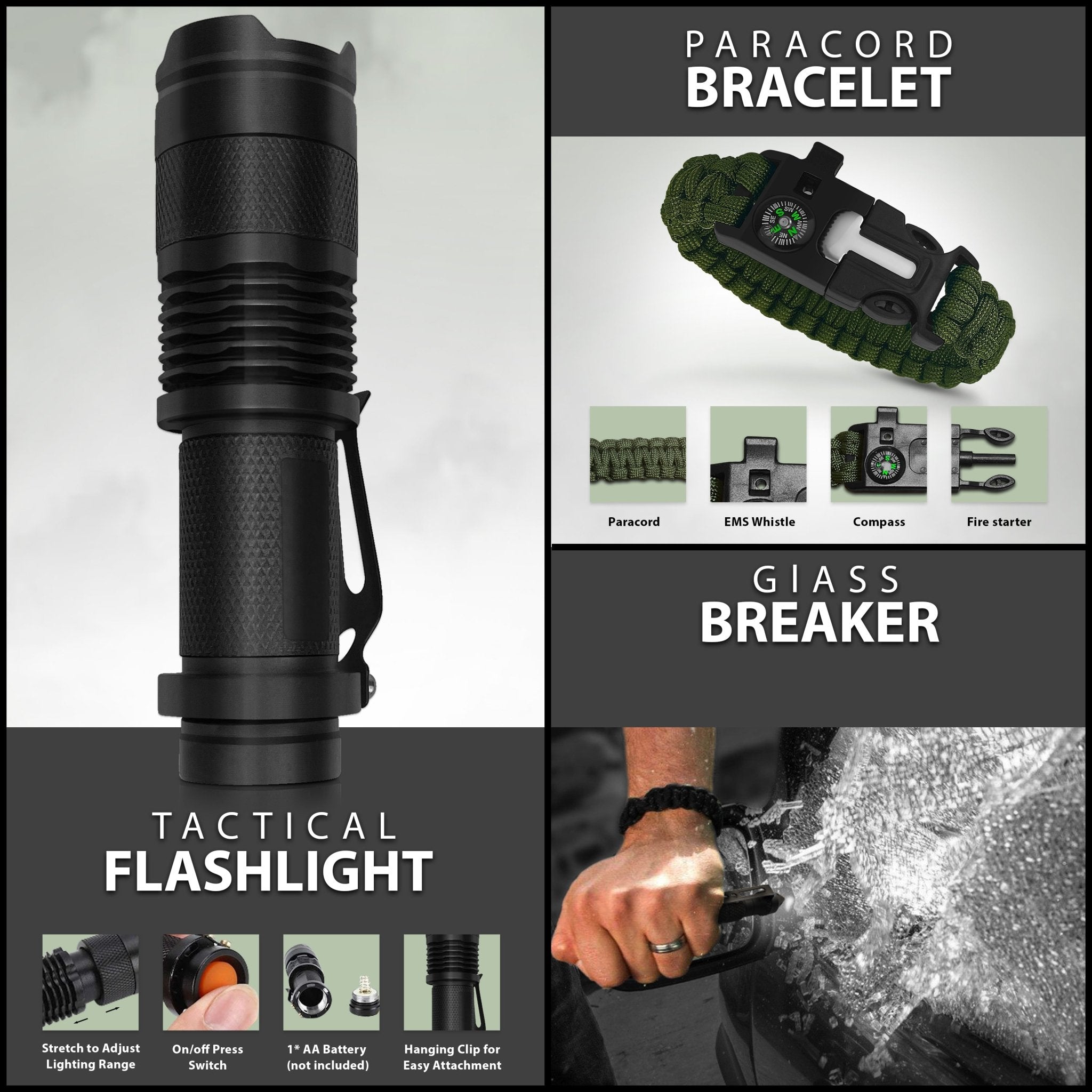 Infographic detailing the tactical flashlight's features alongside a green paracord survival bracelet with a built-in compass, whistle, and fire starter.