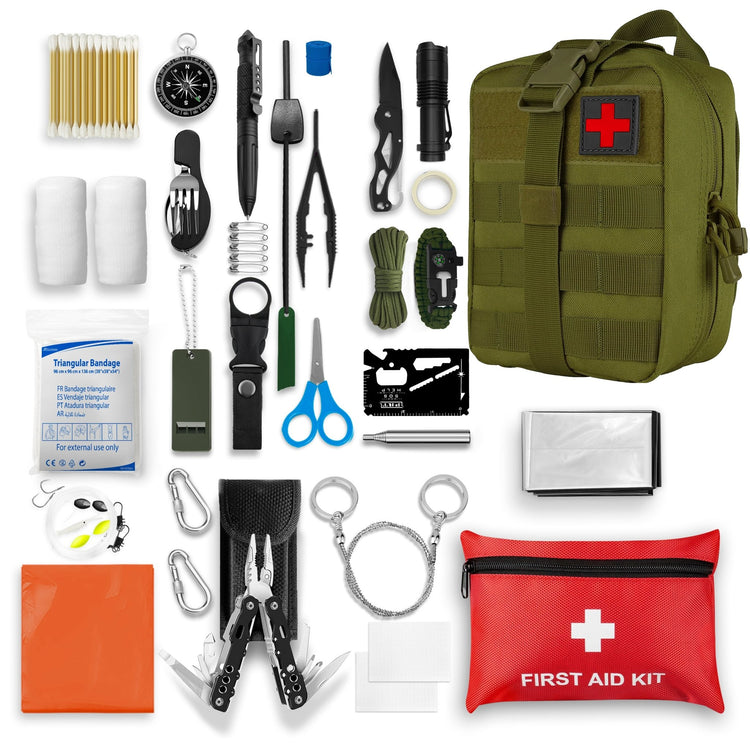 Top-down view of the 75-piece survival kit contents arranged flat, featuring the green tactical pouch, red first aid bag, multitool pliers, knife, and various emergency supplies.