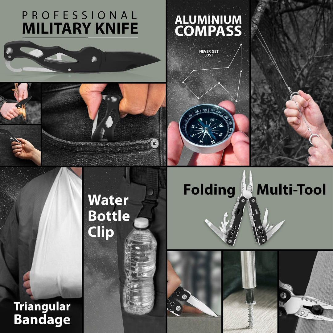 Action shots of survival tools including the folding knife, aluminum compass, wire saw, triangular bandage sling, and multi-tool pliers being used in outdoor scenarios.