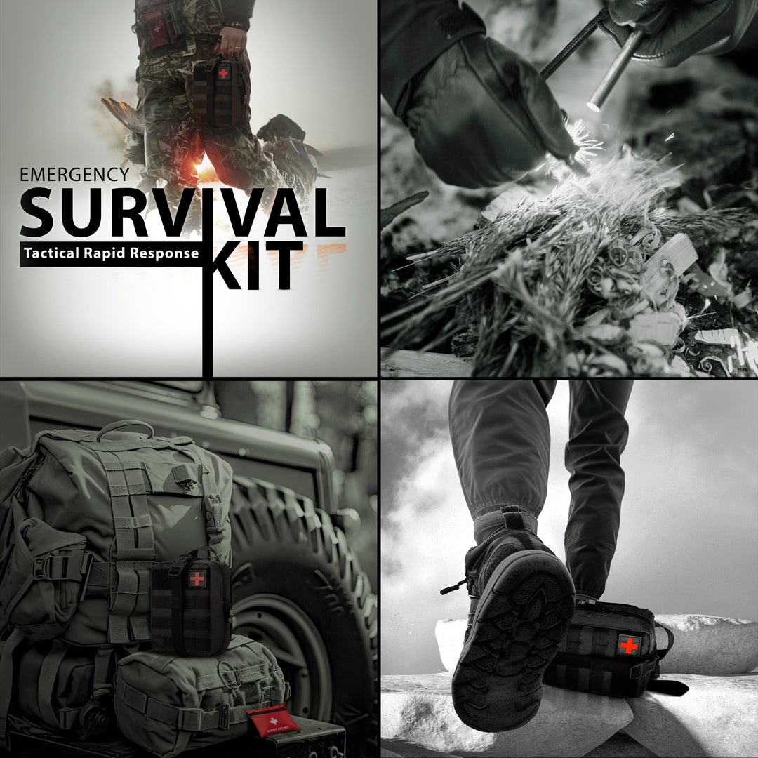A four-panel lifestyle collage showing the tactical survival kit in use: a hunter carrying the pouch, starting a fire with magnesium, the bag attached to a rucksack, and a hiker stepping on rocks.