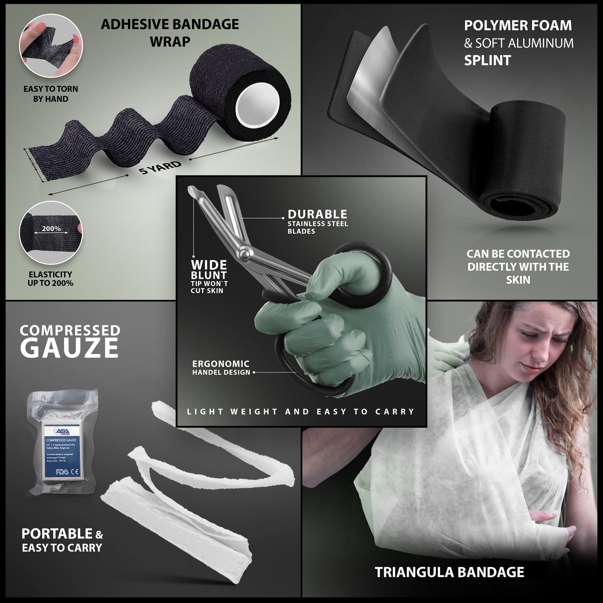 A collage highlighting specific tools in the kit. Top left shows black "Adhesive Bandage Wrap" being torn by hand. Top right shows a black "Polymer Foam & Soft Aluminum Splint" unrolled. The center features stainless steel trauma shears held by a gloved hand. The bottom left shows "Compressed Gauze," and the bottom right shows a woman wearing a "Triangular Bandage" as an arm sling.