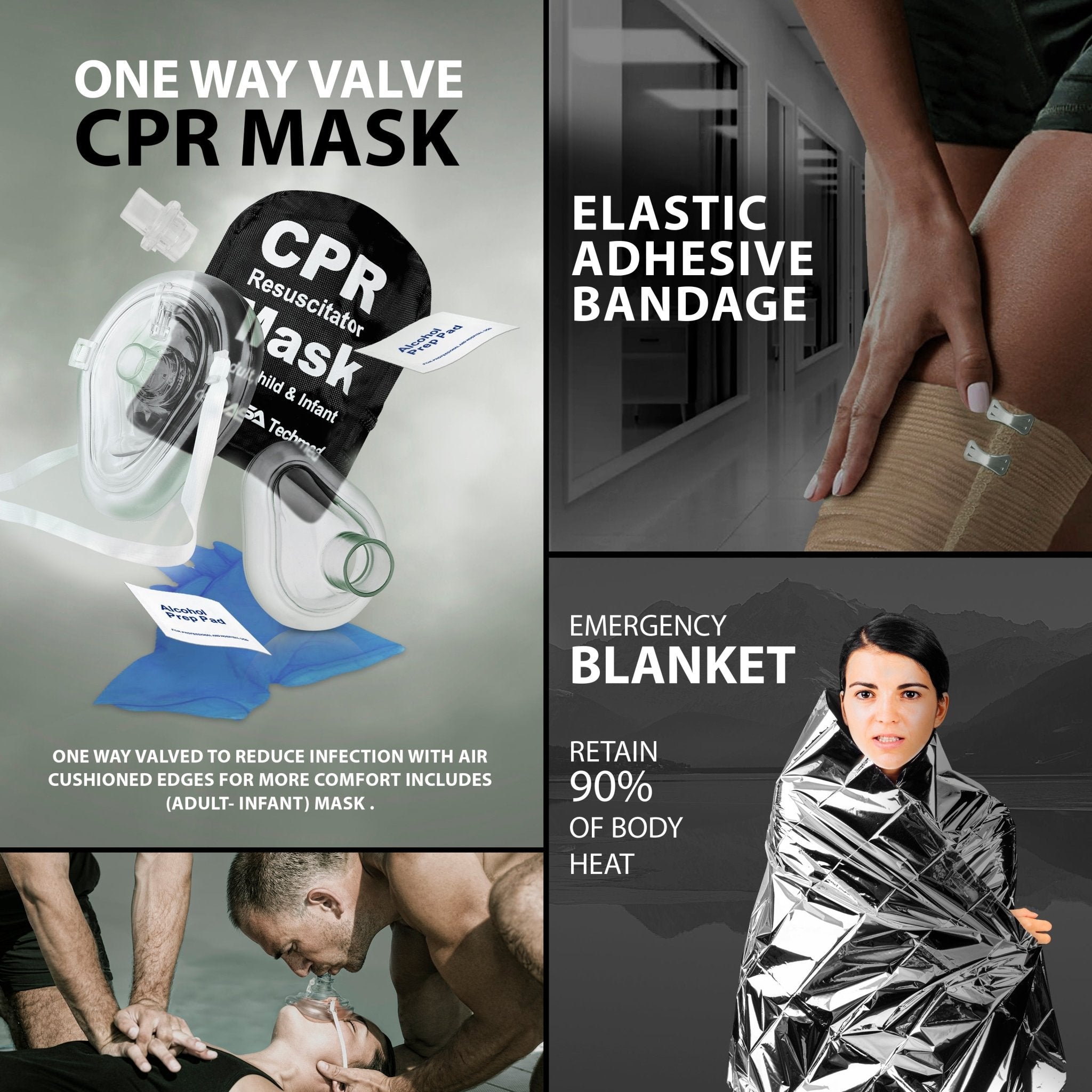 A composite image featuring three medical items. The left side displays a "One Way Valve CPR Mask" kit with gloves and wipes floating in the air. The top right shows a leg wrapped in an "Elastic Adhesive Bandage." The bottom right shows a woman wrapped in a silver "Emergency Blanket," with text stating it retains "90% of Body Heat."