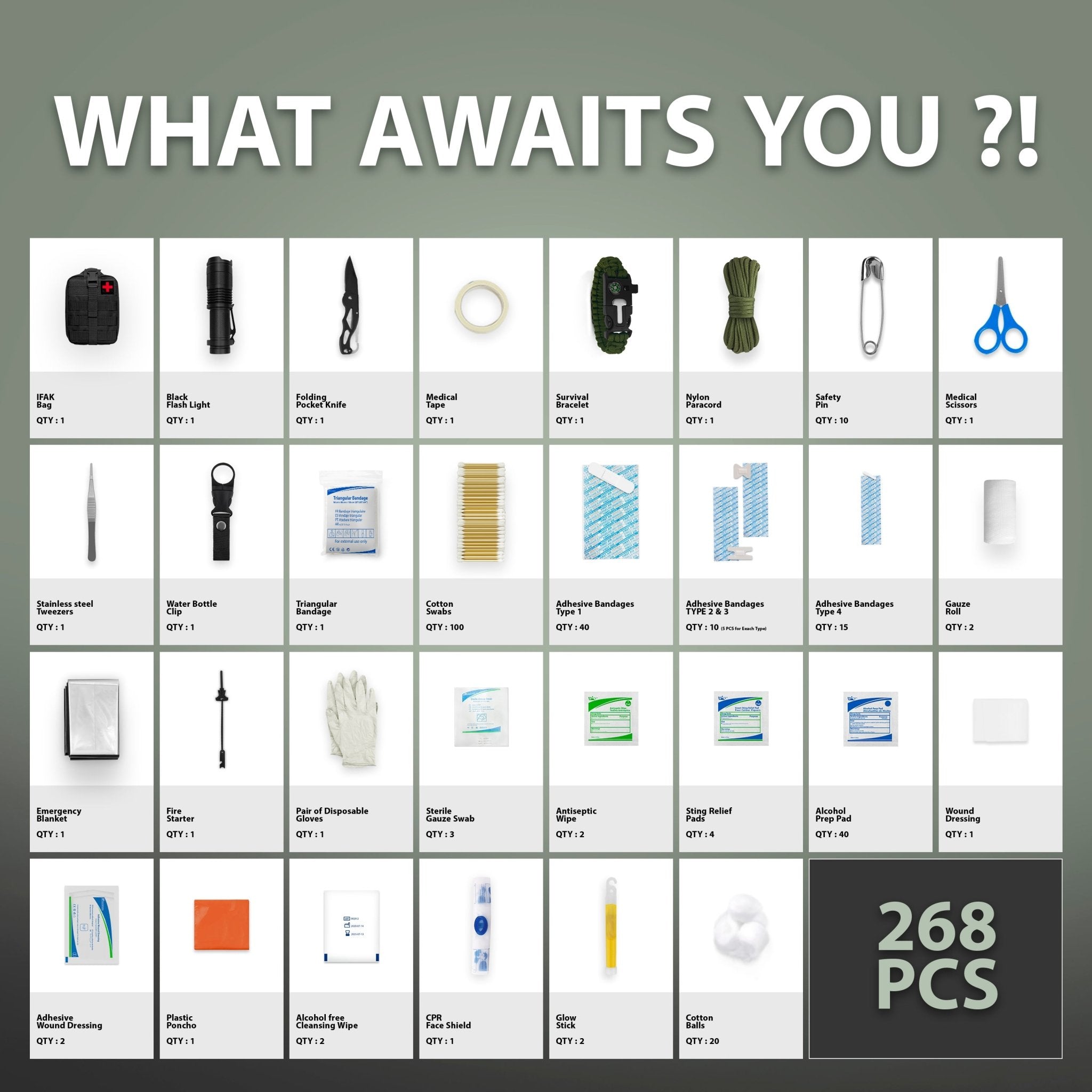 A grid layout titled "WHAT AWAITS YOU?!" displaying individual images of every item in the 268-piece kit with quantities. Items include a black IFAK bag, flashlight, pocket knife, survival bracelet, paracord, safety pins, scissors, tweezers, glow sticks, rain poncho, CPR mask, and large quantities of cotton swabs, alcohol pads, and adhesive bandages.